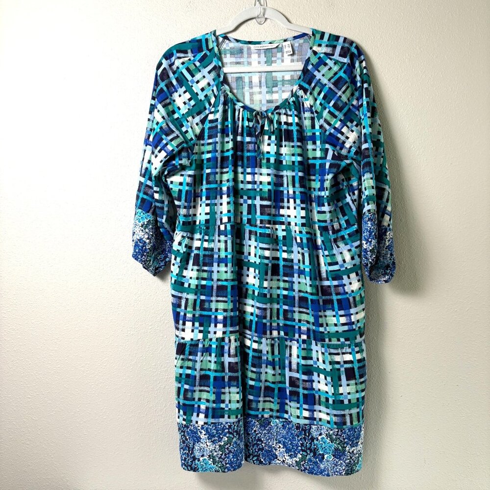 Isaac Mizrahi Live Midi Dress Petite M Blue Plaid Floral 3/4 Sleeve Pocket Lined